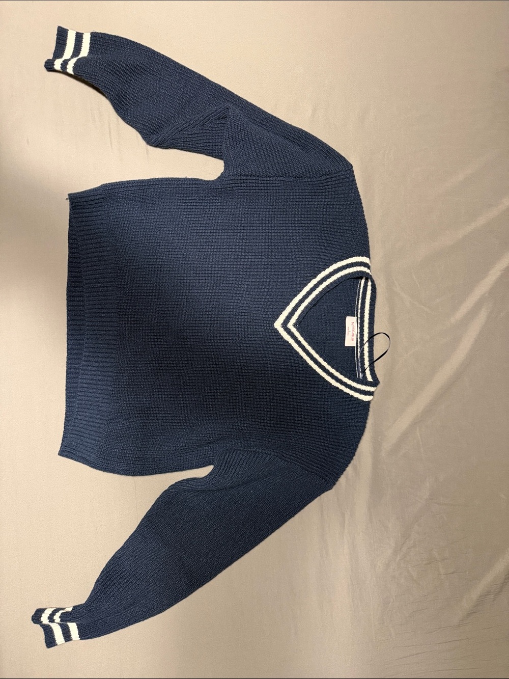 Navy V-Neck Sweater with White Stripe Trim